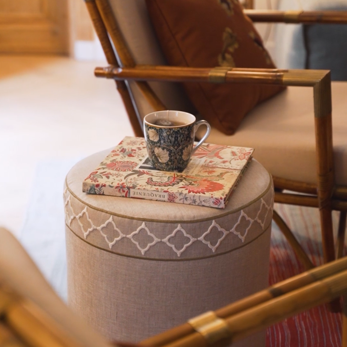STAR SEAT STOOL - NATURAL LINEN - OGEE IVORY TRIM