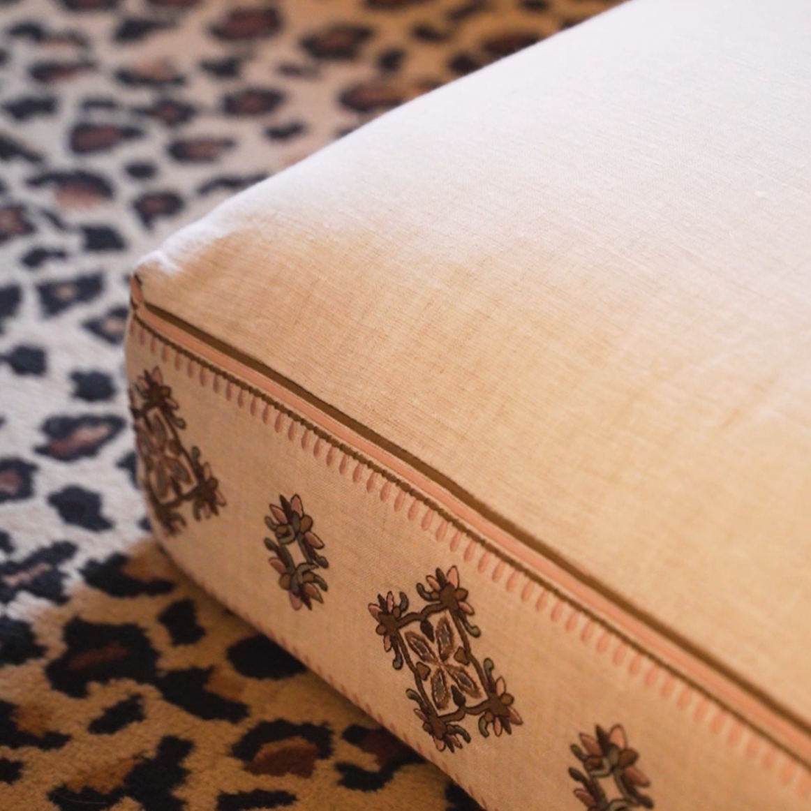 FLOOR CUSHION - NATURAL LINEN - OGEE ROSE PETAL TRIM