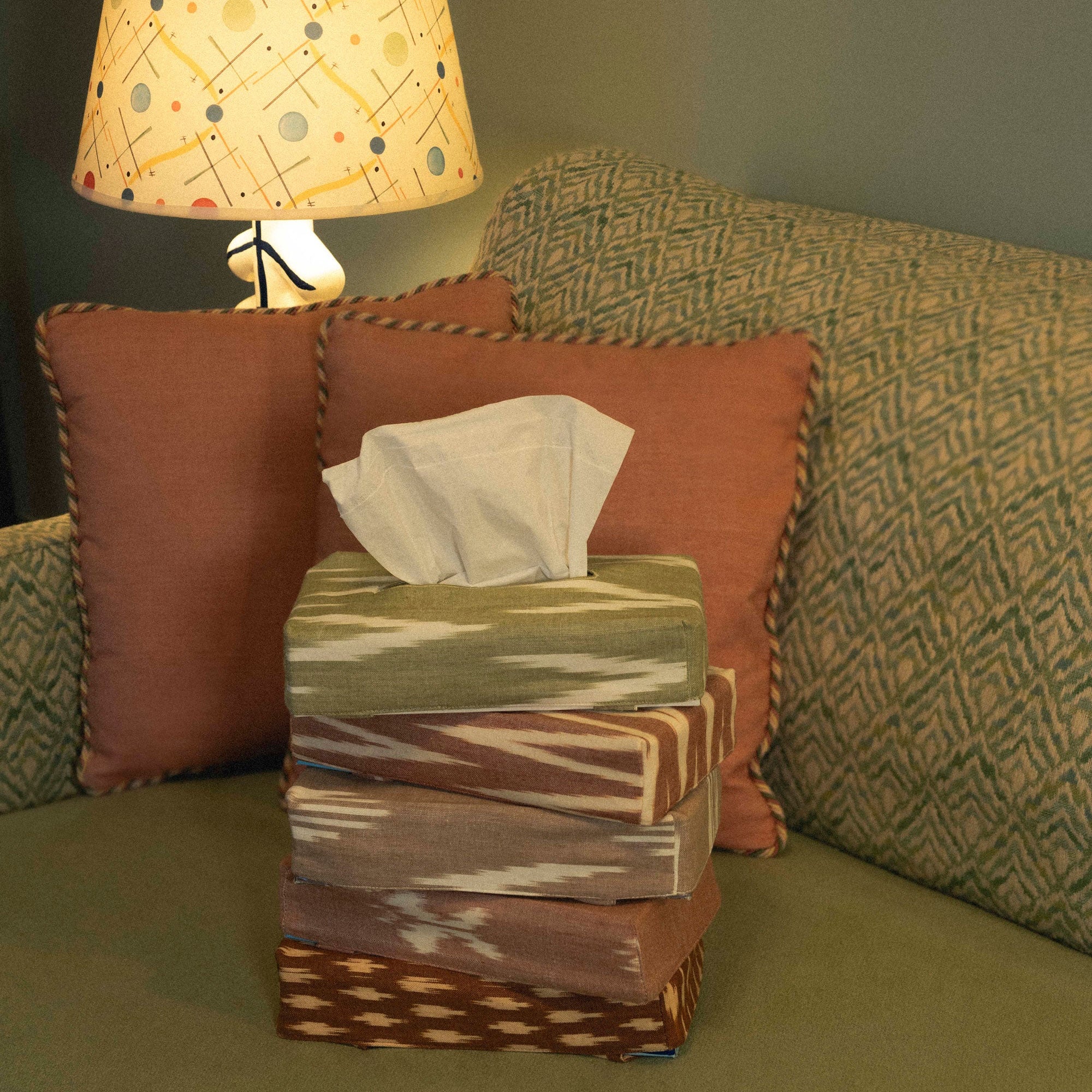 TISSUE BOX COVER - VEIL OF TENDERNESS - IKAT SOLAR SIENA