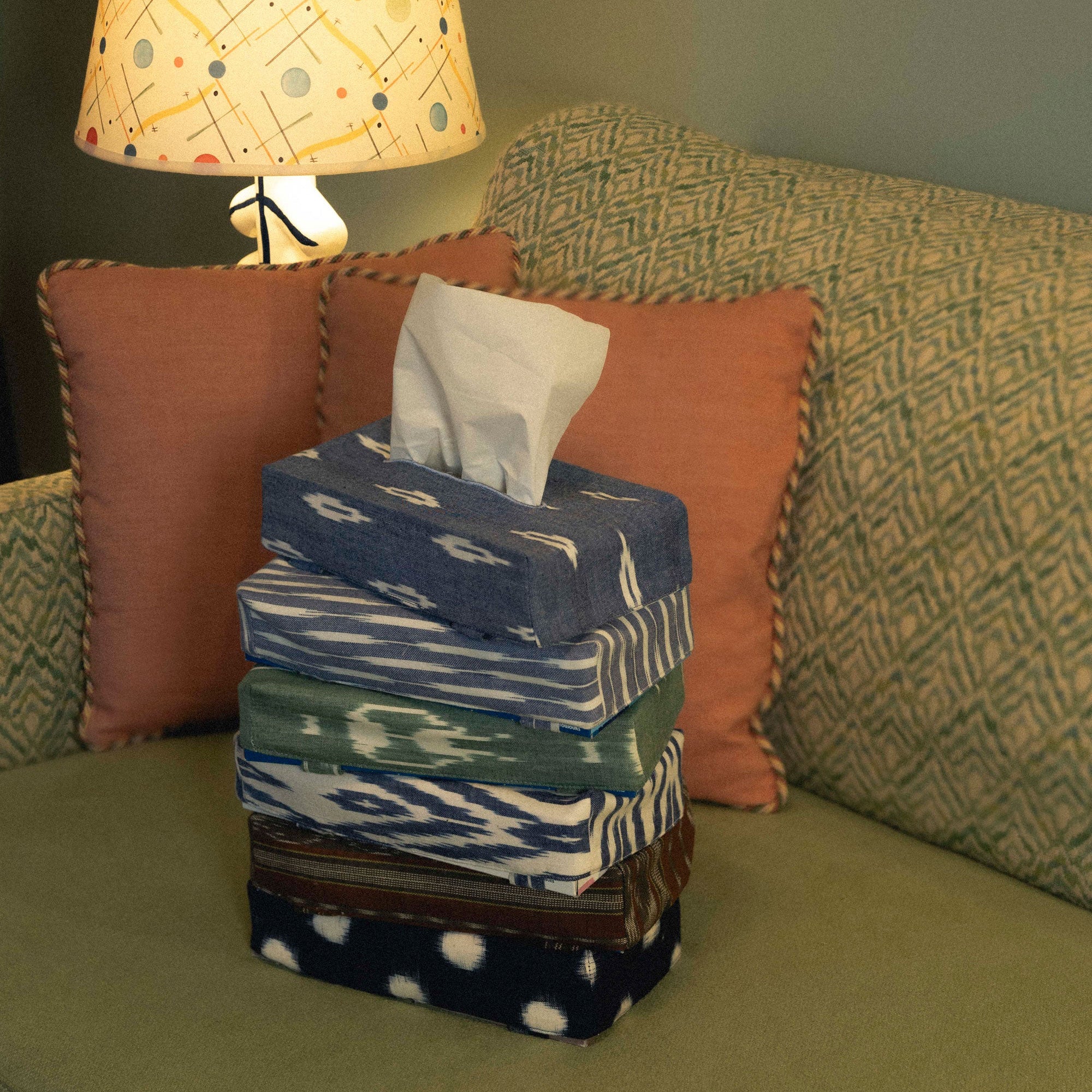 TISSUE BOX COVER - VEIL OF TENDERNESS - IKAT EMERALD GREEN