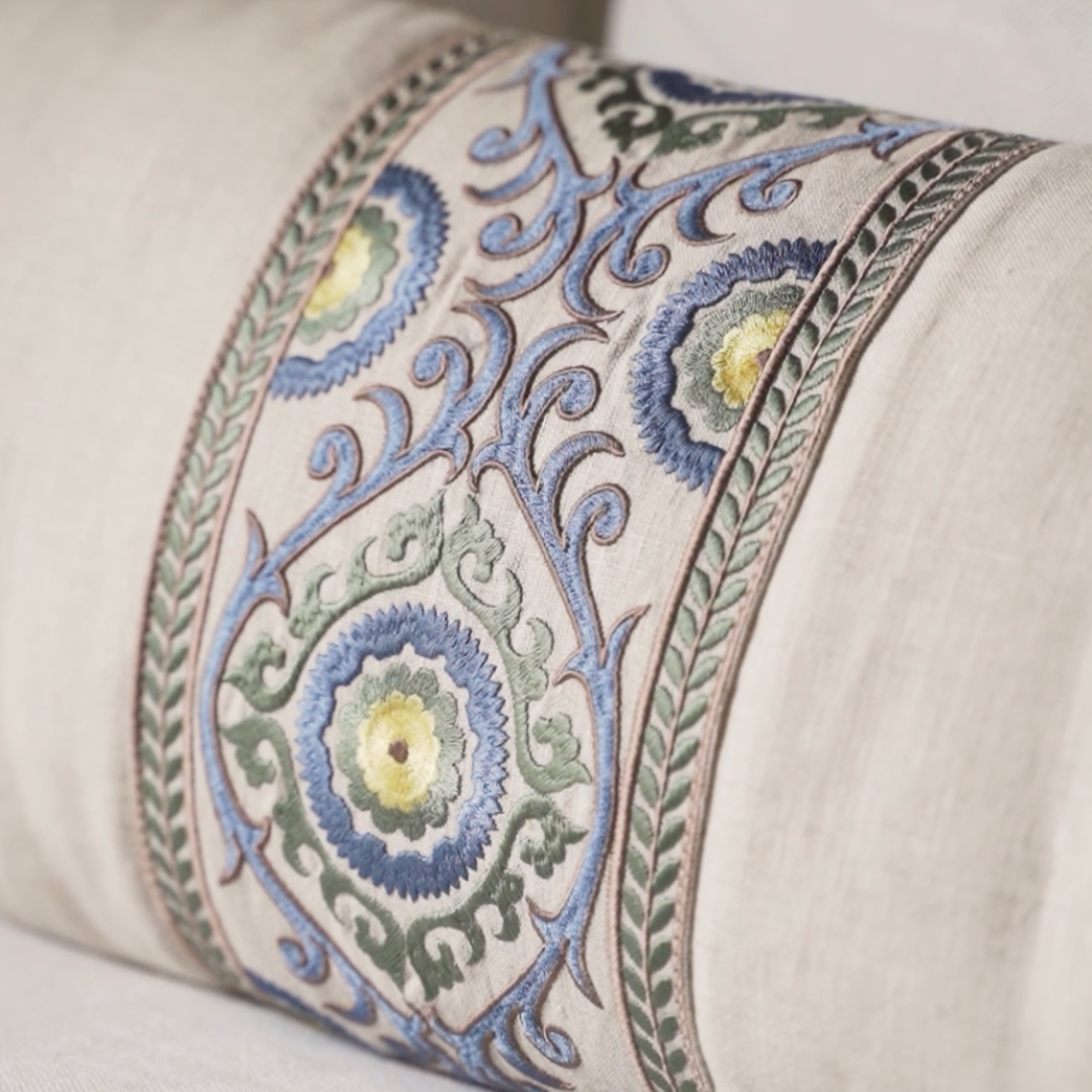 CUSHION - SKY COCOON - NATURAL LINEN - SUZANI BLUE CELESTIAL