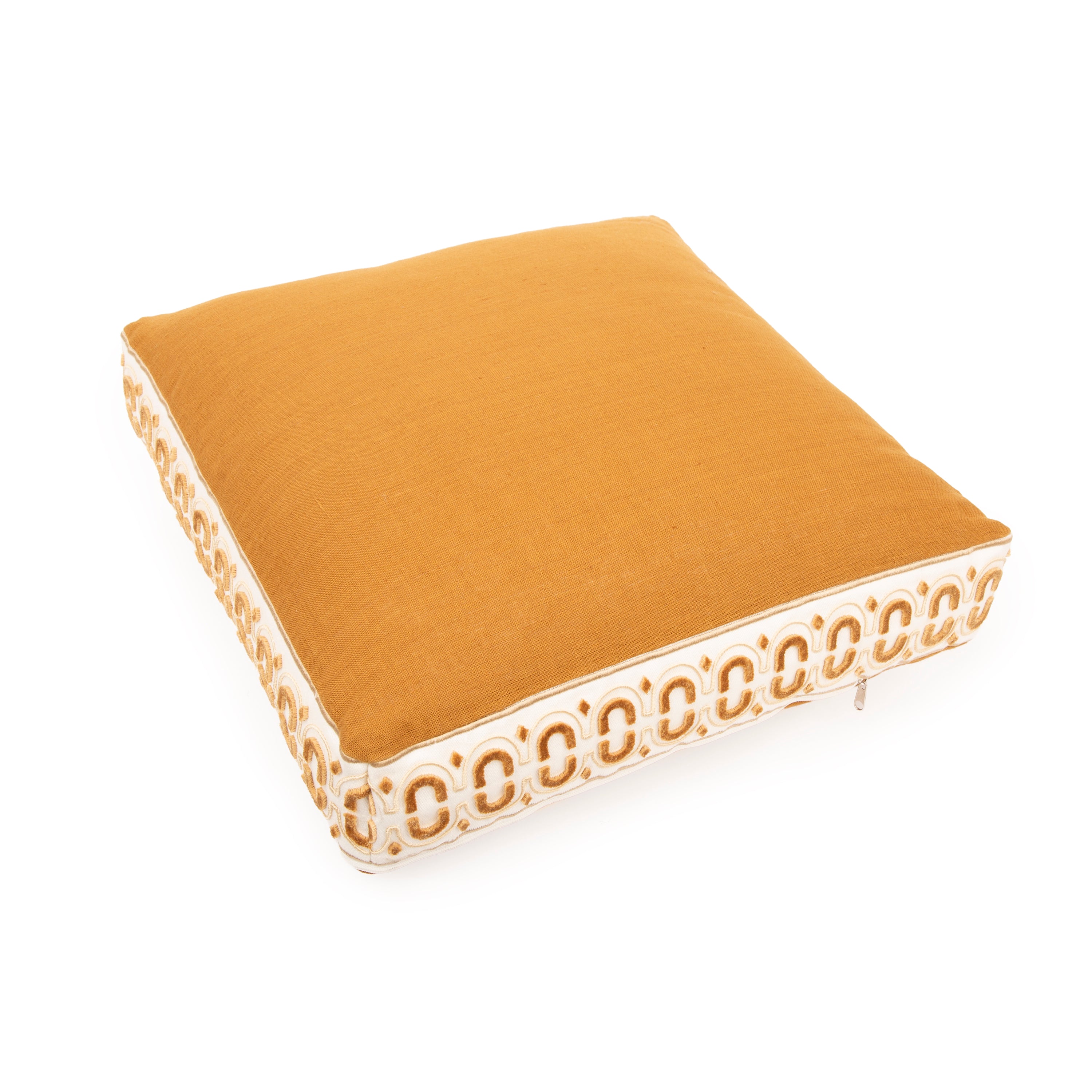 SMALL FLOOR CUSHION - OCHRE LINEN - VELVET TRIM