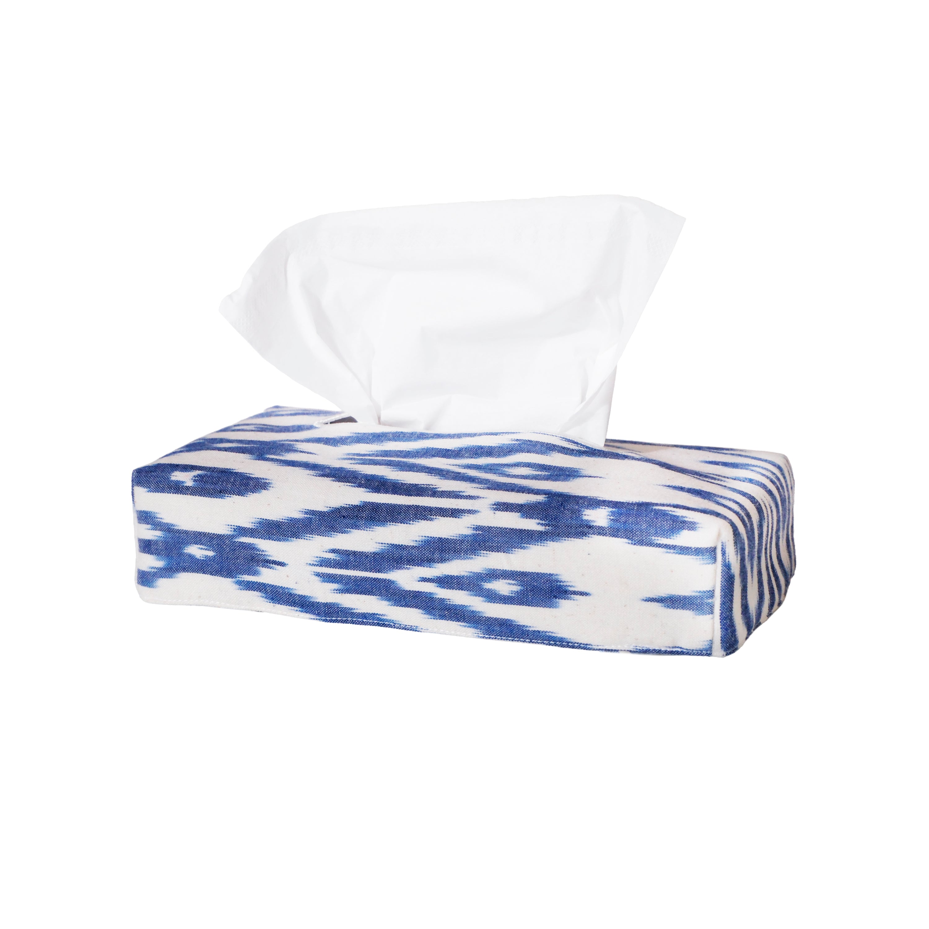 TISSUE BOX COVER - VEIL OF TENDERNESS - IKAT IVORY AND BLUE DENIM